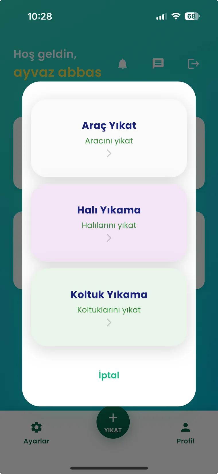 Yıkama Seçim Ekranı