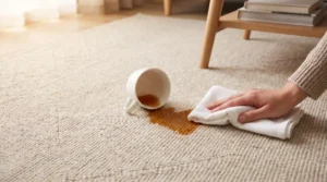 Bej halıya dökülen çay lekesine beyaz bez ile bastırarak müdahale eden el, devrilmiş çay fincanı
